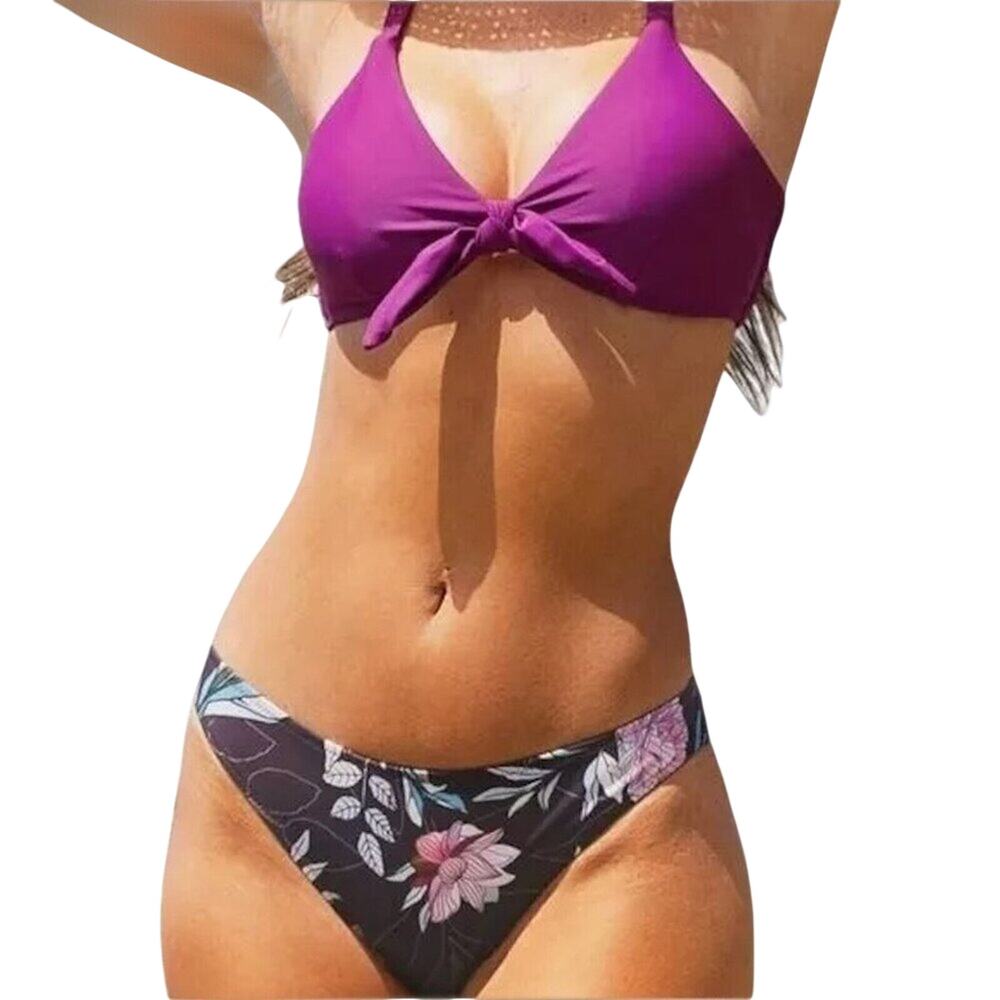 CUPSHE Women 2 Piece Swimsuit Size S Purple Floral Tie Front Cross Back NWOT